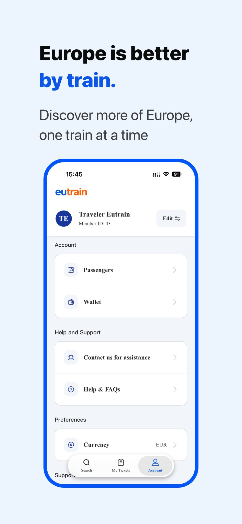 account and support screen