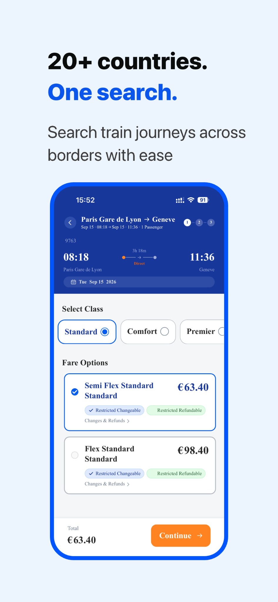search and fare options screen