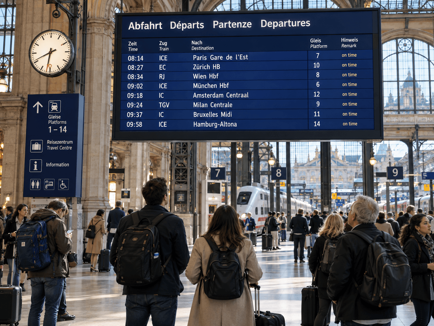 European train departure board or passengers checking a train schedule