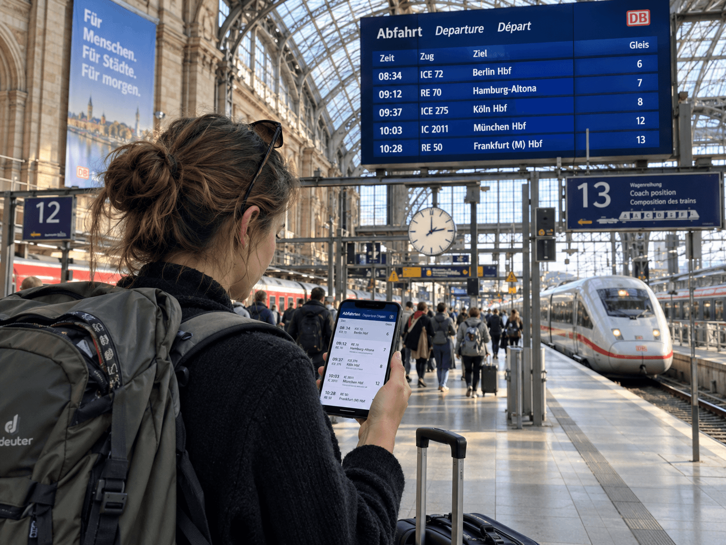 Traveller checking European train times on a phone at a railway station