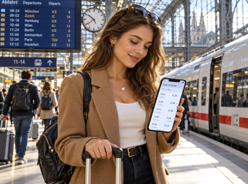 Traveller searching for cheap train tickets in Europe