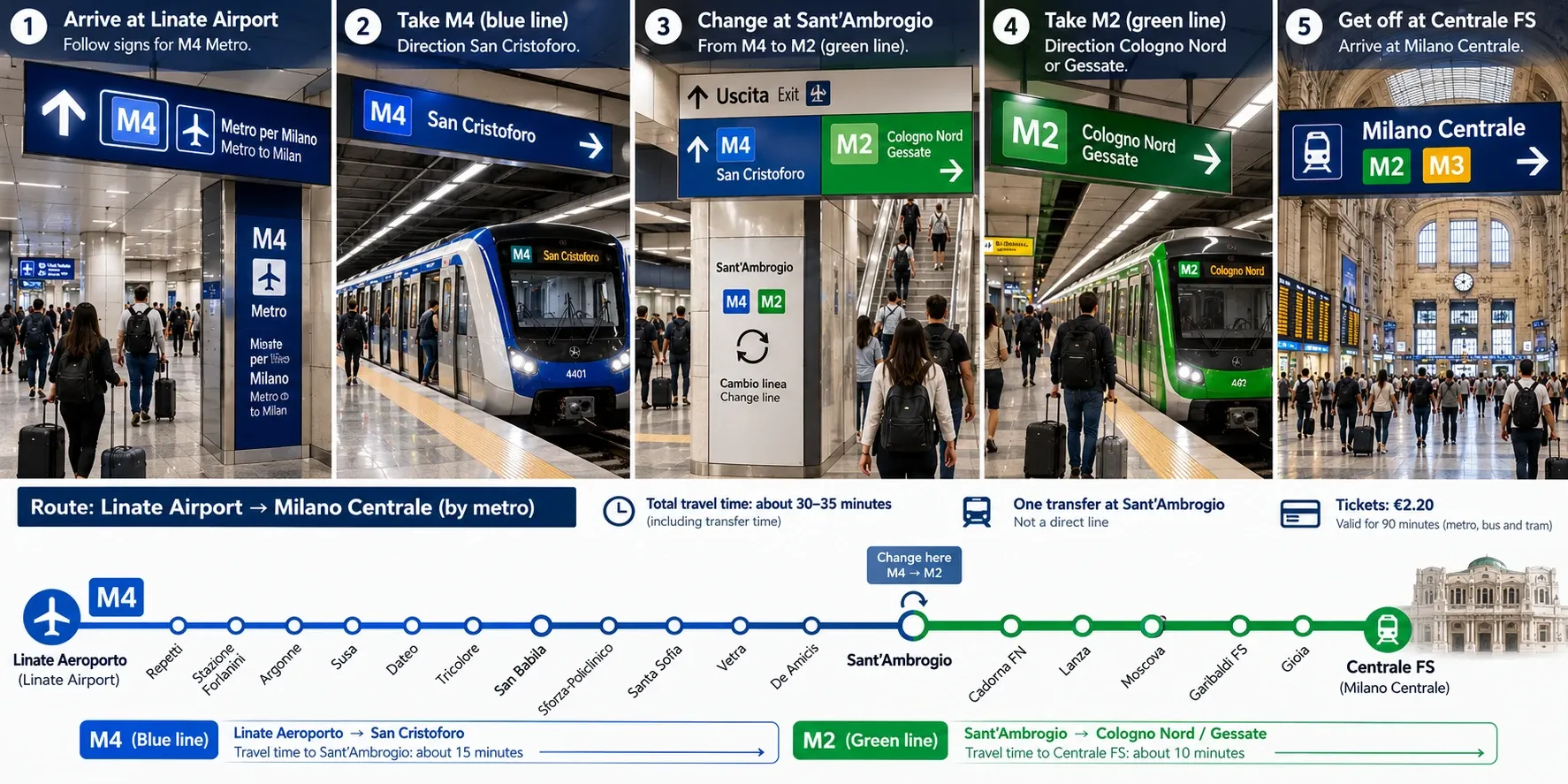Route from Linate Airport to Milano Centrale by metro